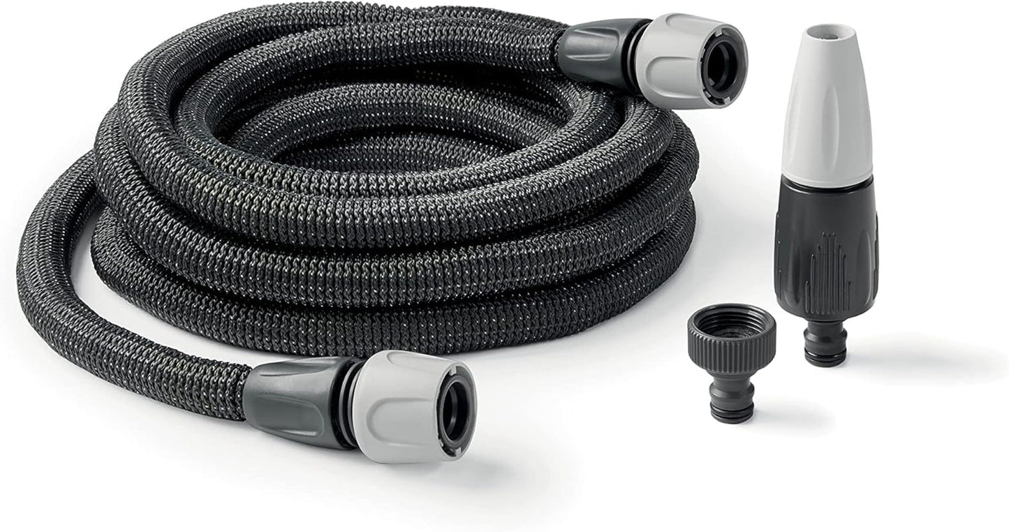 GF SRL, Aquapop Grey Easy 10, 10 meter självförlängande flätad slang, tillverkad i Italien, med mini trädgårdsspruta och kopplingar för trädgårdsbevattning, mörkgrå