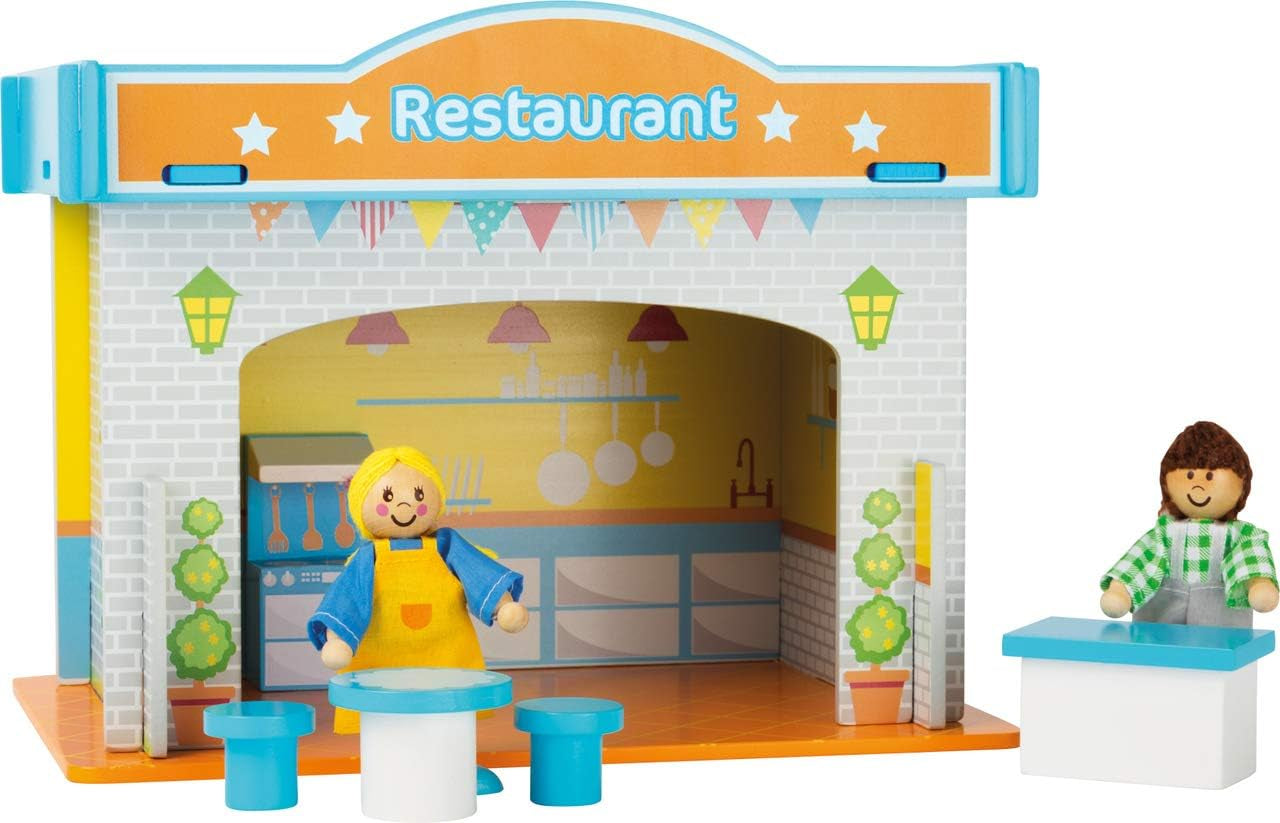 Small Foot 10852 Playhouse Restaurant Tillverkad av trä, Med 2 dockfigurer, tillbehör och avtagbart tak, Från 3 år Naty Shop Dollhouses