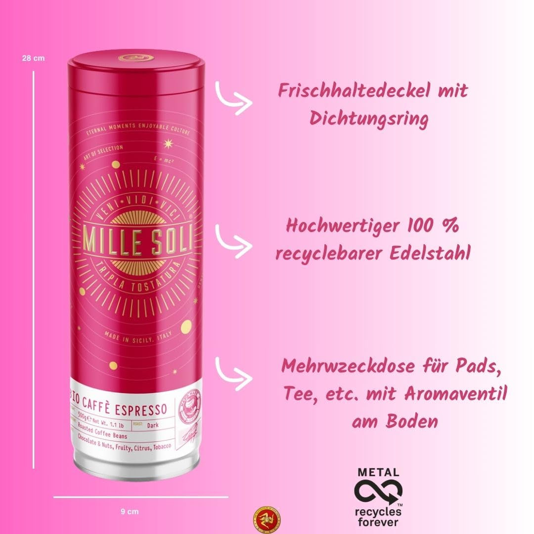 Ekologiska espressobönor 500g i en förseglad kaffelåda - toppkvalitet och återanvändbar - premiumkaffebönor rostade på Sicilien