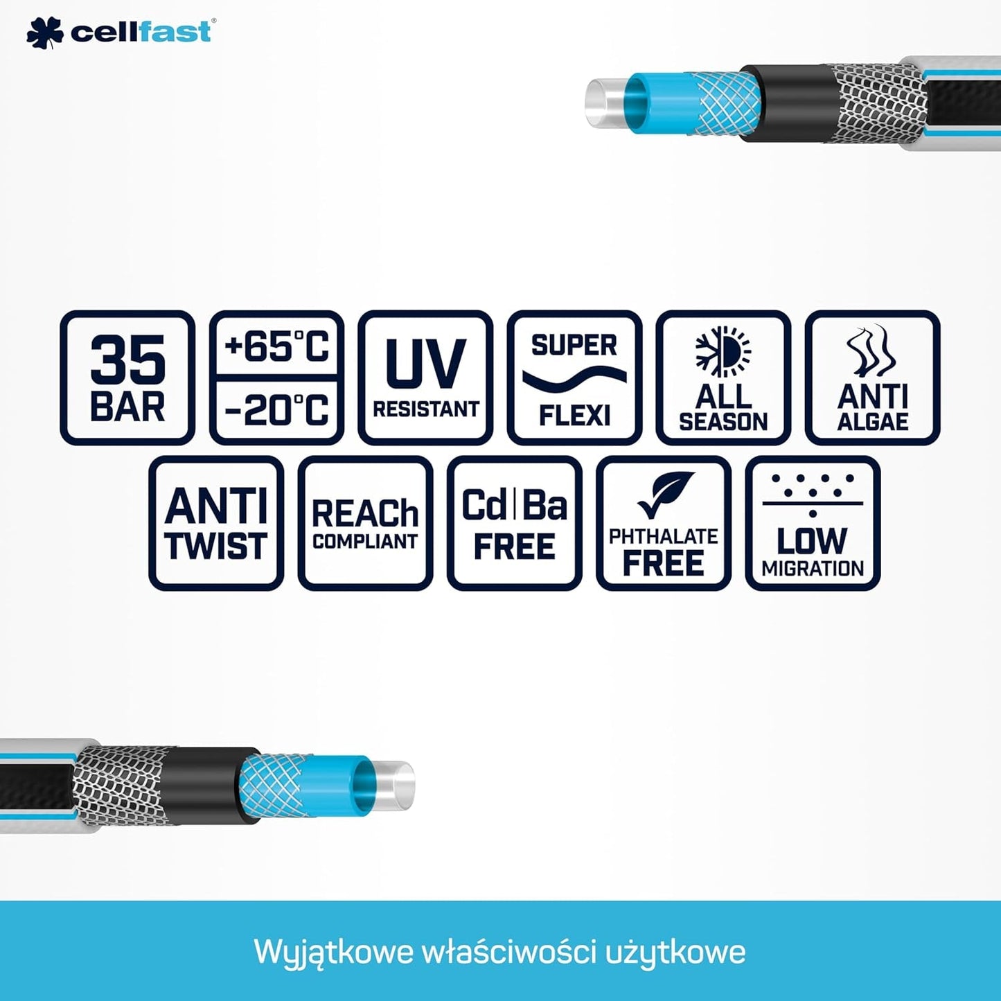 Trädgårdsslang Cellfast MULTIFLEX PRO, slitstark, 6-lagers, ATS2 stickad fläta, UV- och algbeständig, tungmetallfri, sammetsteknik, 35 bar, -20/+65°C, 3/4", 30m