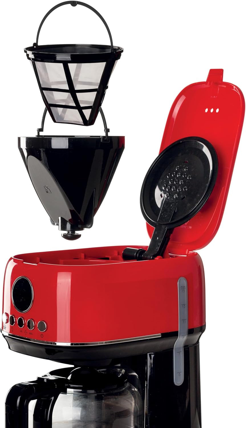 Ariete Moderna 1396 Filter Espressomaskin för att göra amerikanskt kaffe Upp till 15 koppar Glaskaraff Värmeplatta LCD-skärm Avtagbara och tvättbara filter Vita