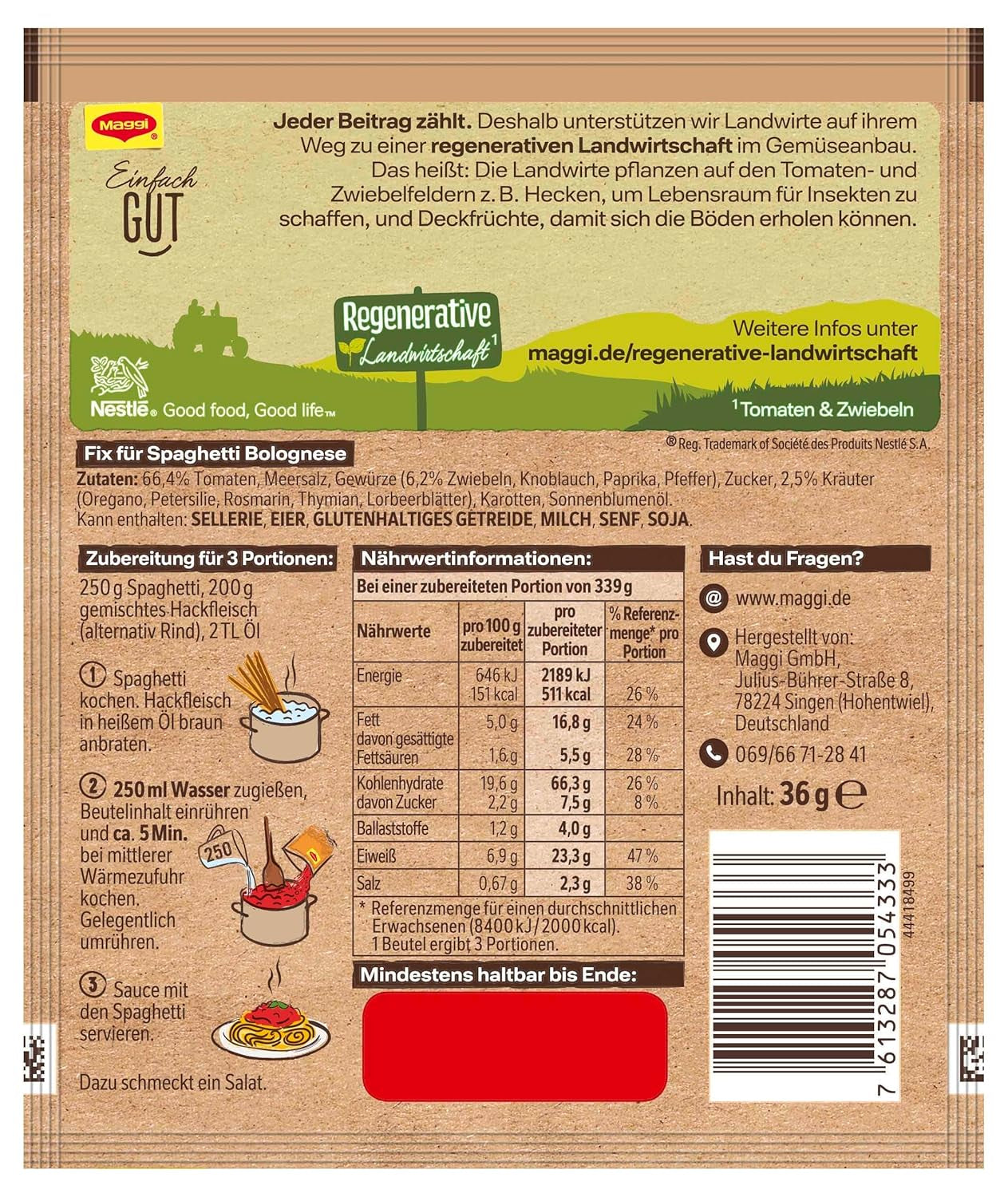 MAGGI Fix för Spaghetti Bolognese, Würzmischung, 100 % naturliga ingredienser, för 3 portioner, 1er Pack (1 x 36g Packung)