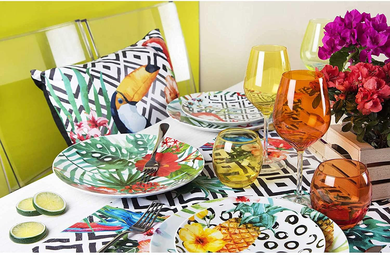 Excelsa Tropical Chic Tallrik Set, 18 Stück, Porzellan, mehrfarbig