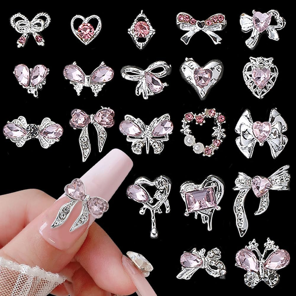 Luxus Rosa Diamant Nagel Charms 3D Butterfly Nail Art Charms Bow Nail Charms Y2K Heart Charms Nägel Zubehör Schmetterling Herz Schleife Nageldesign Edelsteine ​​​​Strasssteine ​​Glitzersteine ​​Nagelschmuck