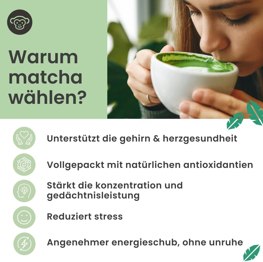Purechimp Matcha-pulver av ceremoniell kvalitet 50 g. 100 % ren nyansodlat tepulver för lattes, infusioner och recept. Återvinningsbar burk. Rik på antioxidanter.