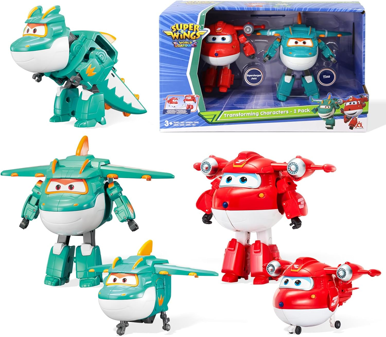 Super Wings 5" Transforming Characters 2-Pack Transforming Supercharged Jett + Tino Transformer Toy för pojkar och flickor i åldrarna 3+ Röda actionfigurer Naty Shop Jett Tino