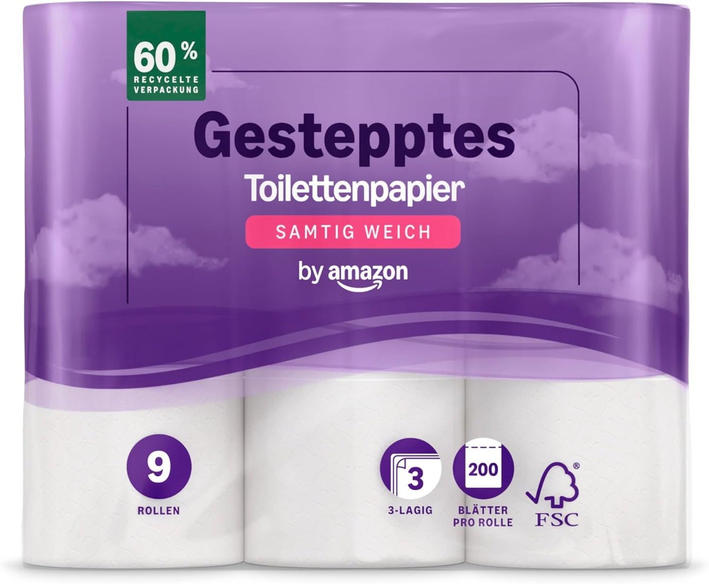 By Amazon Toalettpapper, 3-lagers vadderat, sammetsmjukt, 36 rullar (9 rullar, paket med 4), 200 ark per rulle, Fsc-certifierad