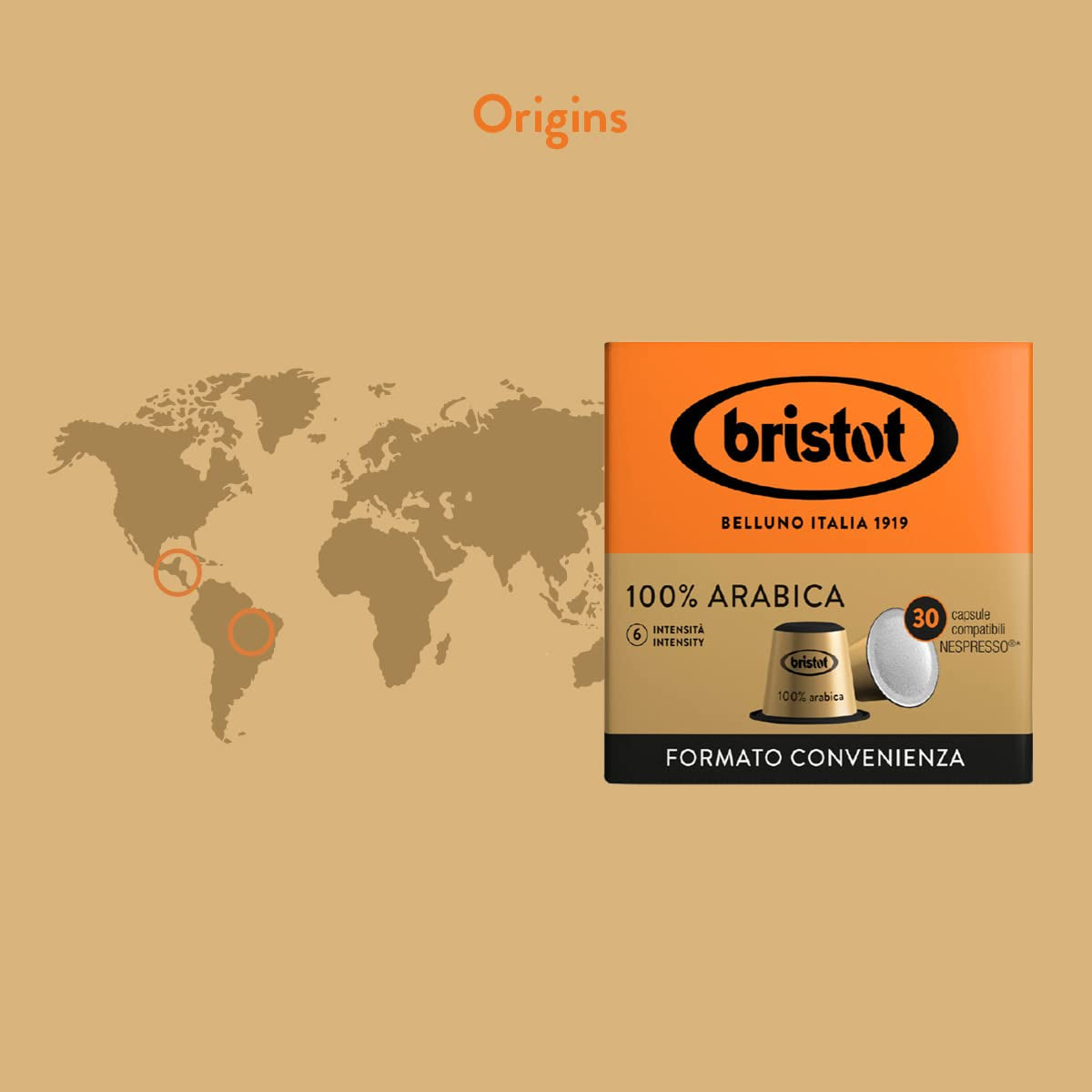 Bristot, 100 % Arabica-kaffe – 120 kapslar kompatibla med Nespresso – Kaffeemischung aus Mittelamerika och Brasilien, Schokolade och Trockenfrüchtenoten – 4 förpackningar per 30 kapslar