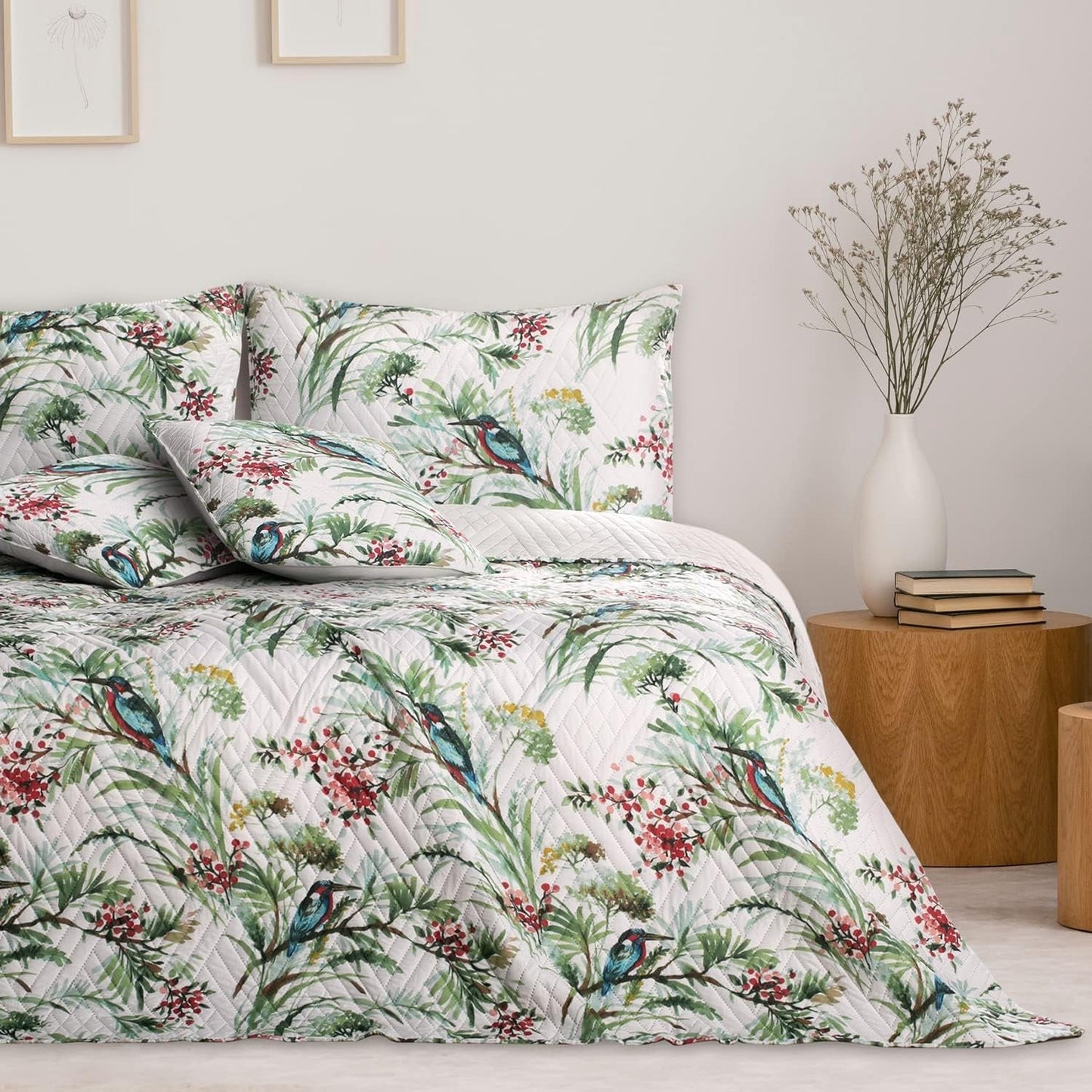 Ameliahome Överkast Överkast 260X280 Cm Dubbelsidig Lättskött Quiltväxtmönster Fågelmönster Flerfärgad Kingfisher Sängar och filtar Besuche den AmeliaHome-Store
