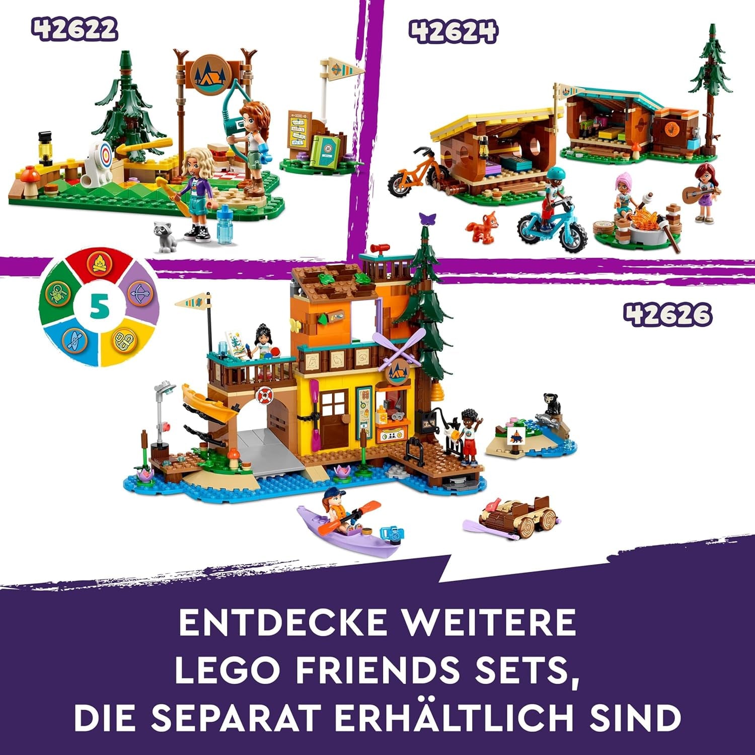 LEGO Friends mysiga hyddor på äventyrsläger, rollspel utomhus, barnleksak för flickor och pojkar från 7 år med 3 figurer och räv, campingleksak 42624 Byggset Besuche den LEGO-Store