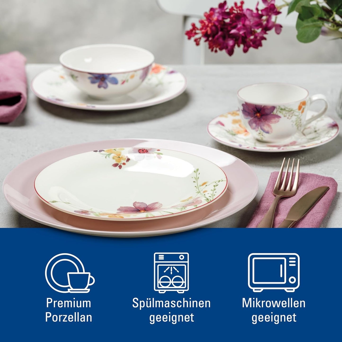 Villeroy & Boch Mariefleur Startset, blandade färger, diskmaskinssäker, mikrovågssäker, servisset för 2, blommigt servisset, servis, kombinationsset, premiumporslin