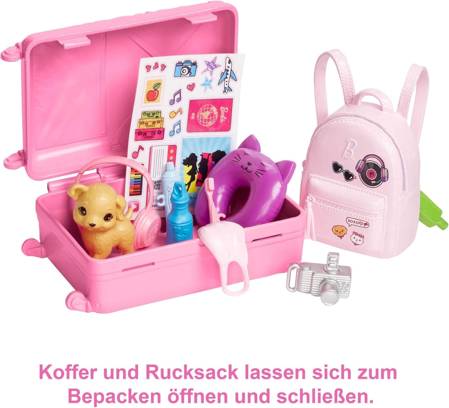 Barbiedocka, resebarbie med blont hår, 10+ resetillbehör, klistermärken, resväska, valp, innehåller 1 docka, barnpresent, leksak från 3 år och äldre, HJY18