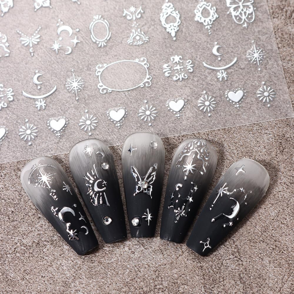 3D silvermetalliska nagelklistermärken, nagelklistermärken för kvinnor, stjärna, måne, sol, nagelfolie, självhäftande klistermärken, fjärilsnagelklistermärken, nagelklistermärken, nageldesigntillbehör, 8 st