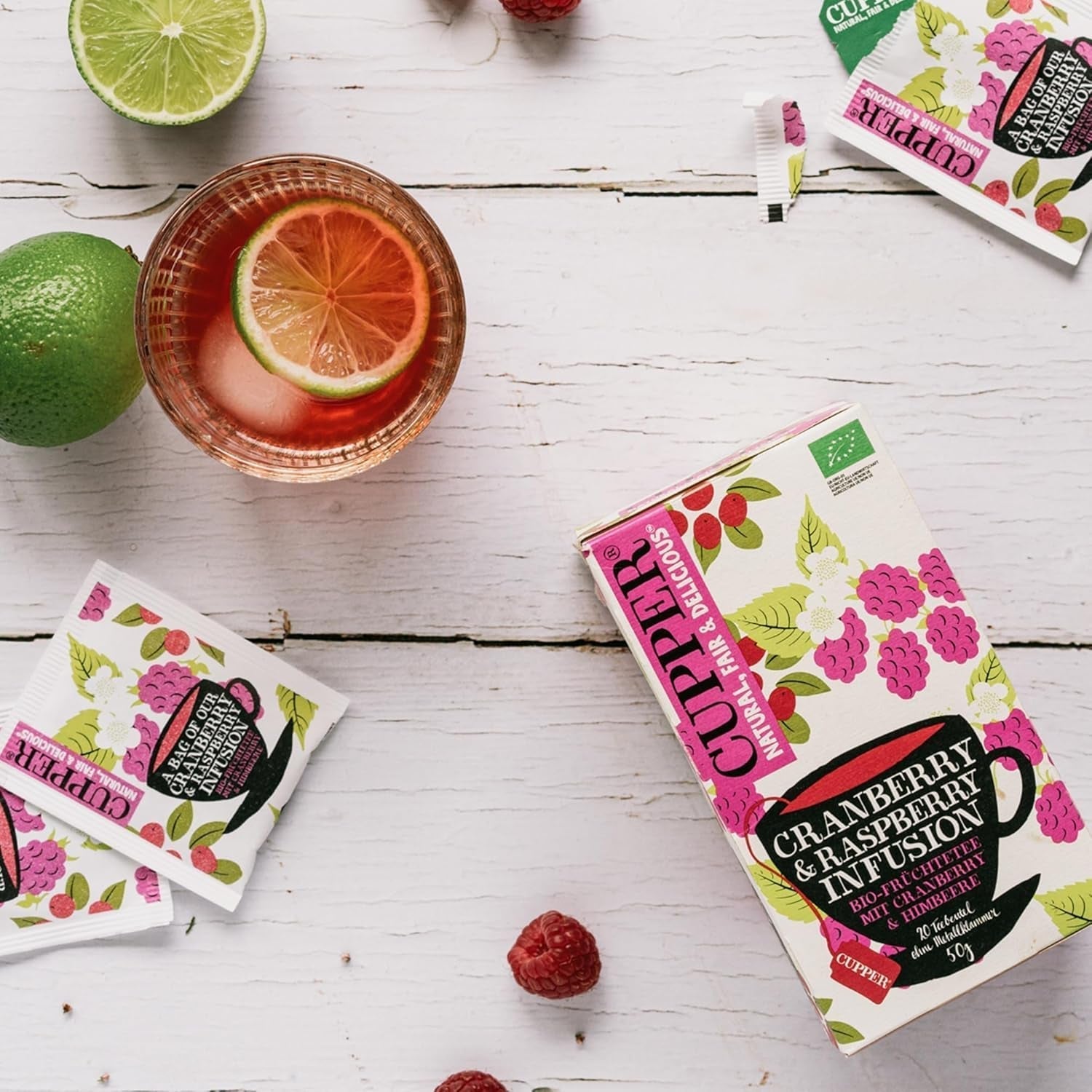 4Er Pack CUPPER Ekologiskt fruktte "Cranberry & Raspberry Infusion", 4X20 icke-vita tepåsar, ekologiskt, rättvis handel