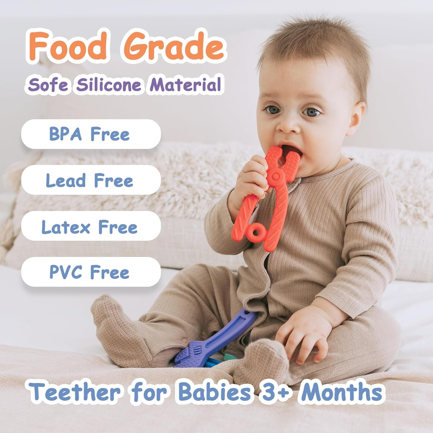 Baby Teether [Original] - Silikonbitringleksak, Cool bitring, Brickhjälp, BPA-fri | Leksaker, tillbehör och presenter för småbarn 3+ månader | Paket om 4