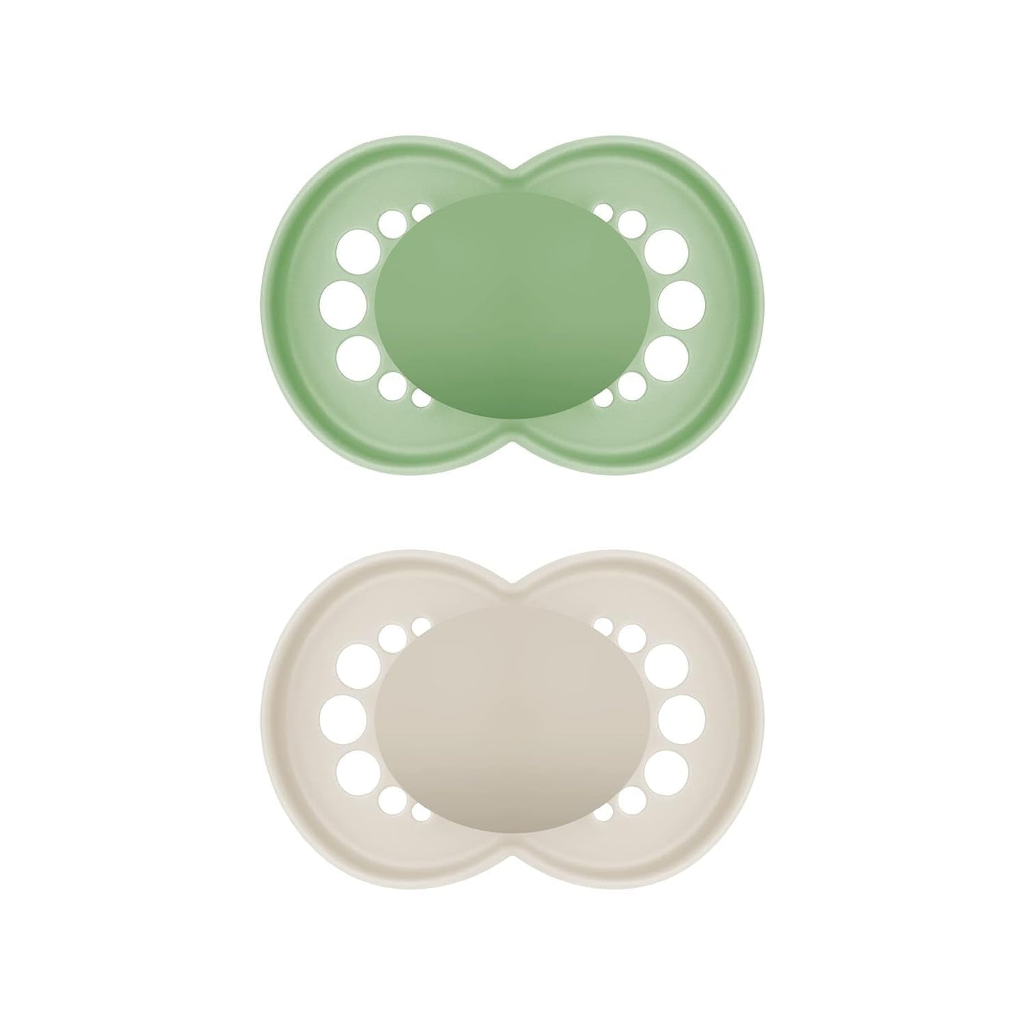 MAM originalnappar, 2-pack, tandvänliga nappar, gjorda av hållbara och bioregenererbara material, MAM SkinSoft silikonnappar, med napplåda, 6-16 månader, grön/beige