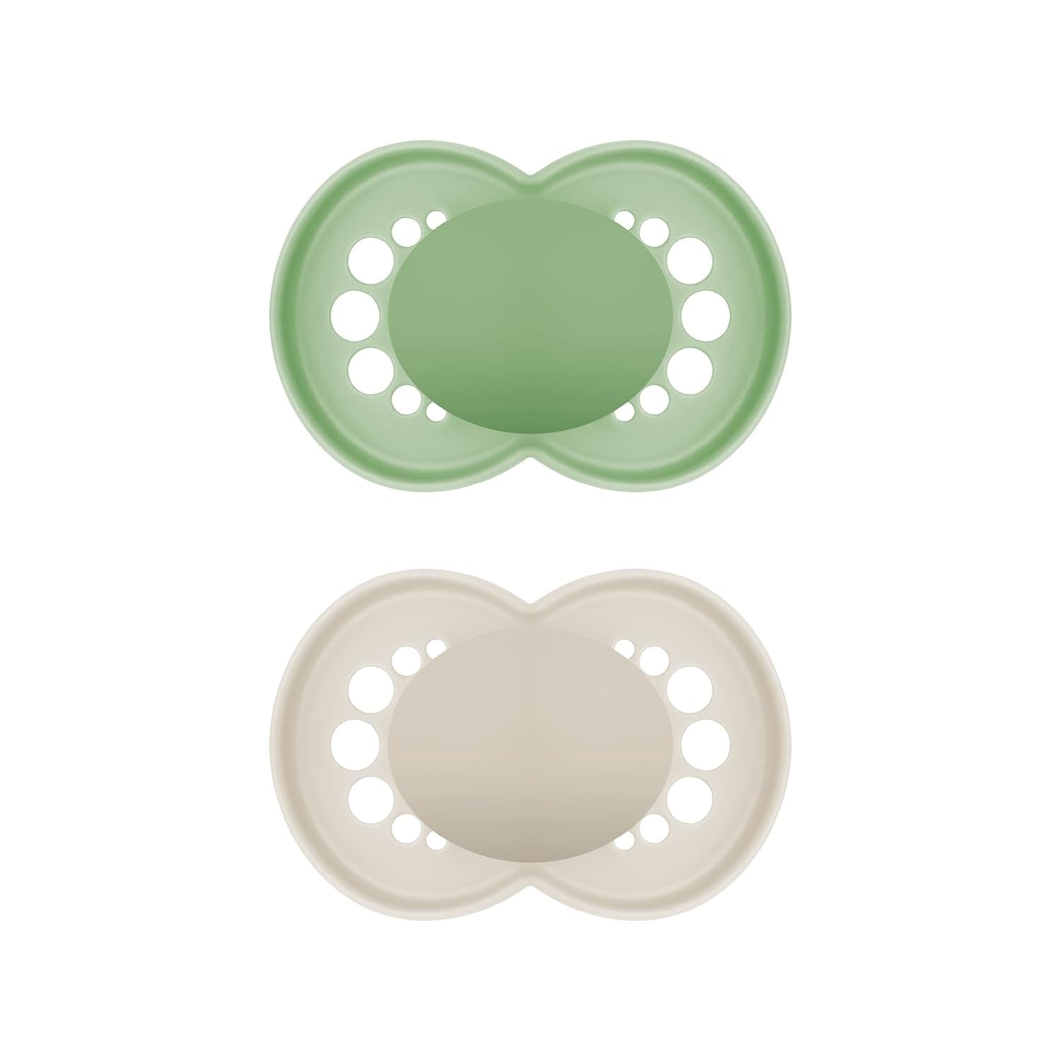 MAM originalnappar, 2-pack, tandvänliga nappar, gjorda av hållbara och bioregenererbara material, MAM SkinSoft silikonnappar, med napplåda, 6-16 månader, grön/beige