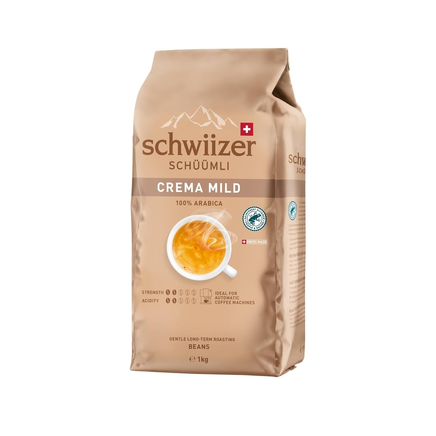 Schwiizer Schüümli Crema Mild, 100 % Arabica-kaffebönor fina, harmoniska och milda, idealisk för automatiska espressomaskiner, styrka 2/5, lättrostad, Rainforest Alliance, 1 kg