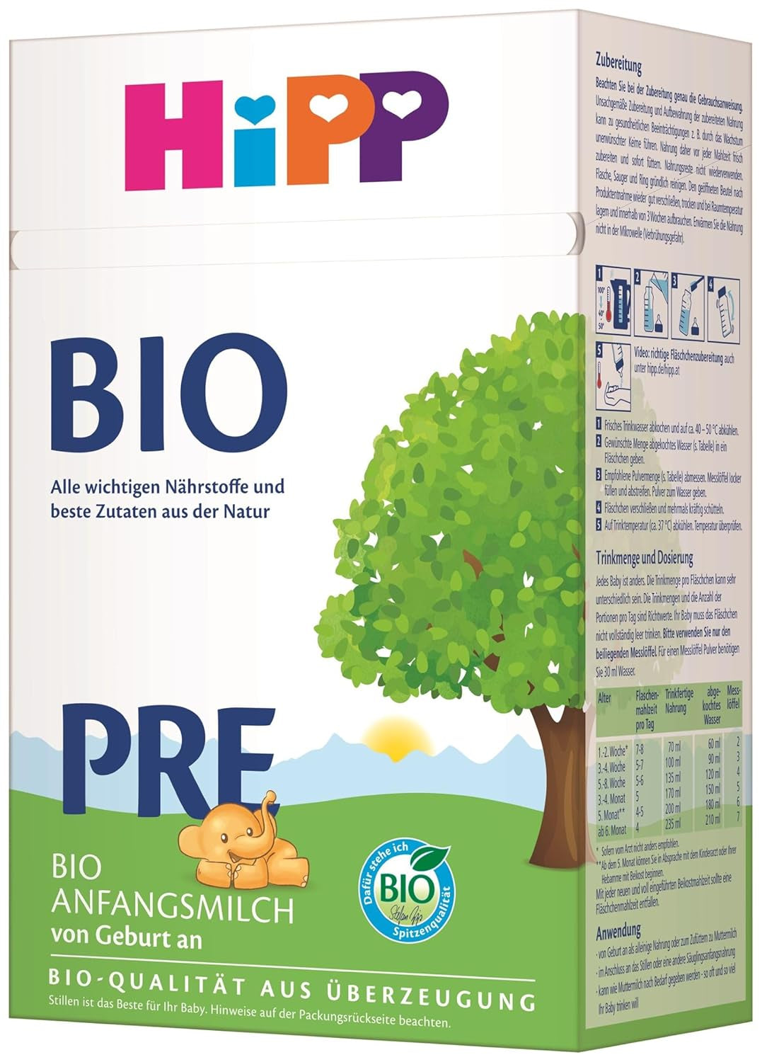 HiPP PRE ekologisk barnmjölk (4 x 600g), från födseln, innehåller endast laktos som kolhydrat, av bästa ekologiska kvalitet