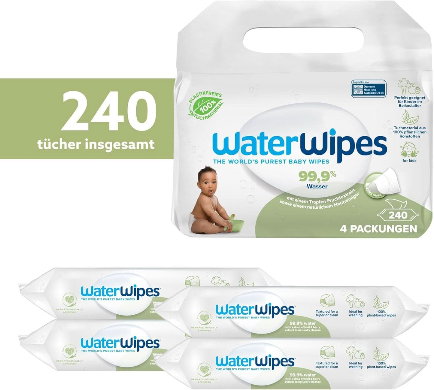 Waterwipes Plastikfreie, Texturierte Reinigungstücher Für Kleinkinder & Babies, 240 Stück (4 Packungen), 99,9 % Wasserbasierte Reinigungstücher, Unperfümiert Für Empfindliche Haut Naty Shop