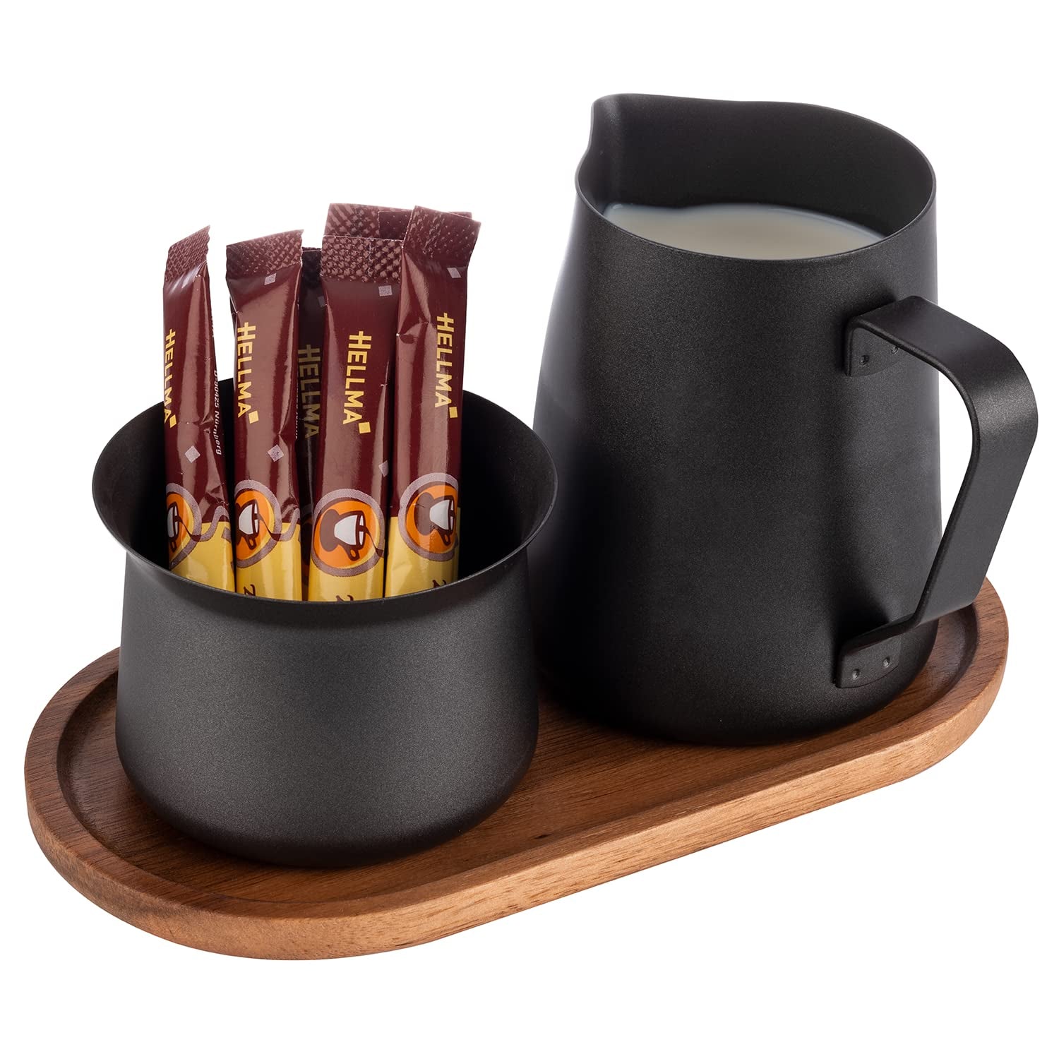 Mjölk- och sockerset APS 634, 5-delat set, akaciaträ, rostfritt stål, non-stick beläggning, svart