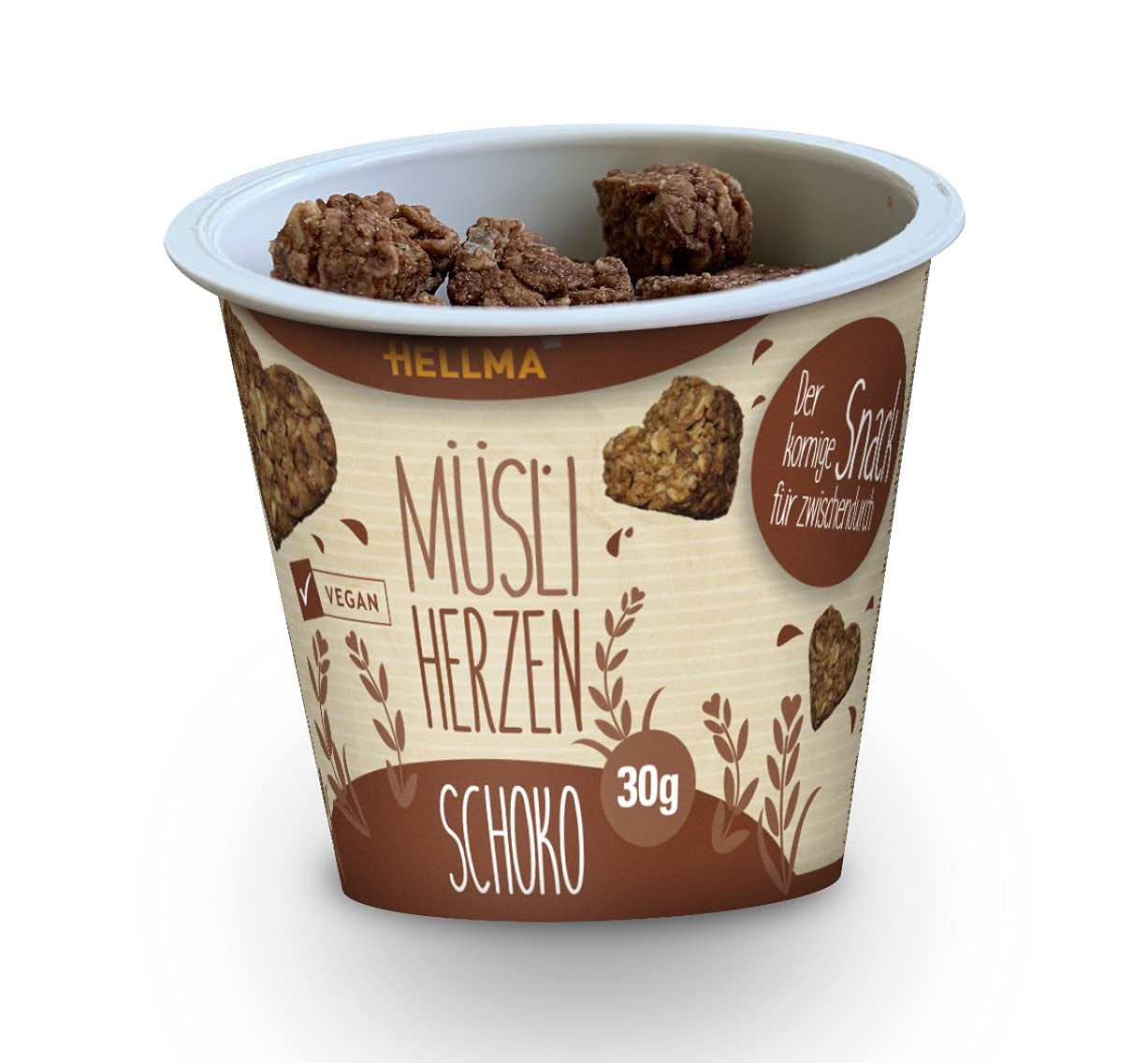 HELLMA hjärtan med müsli och choklad - 18 portioner, 30 g vardera - Havregrynsgröt täckt med choklad i form av ett hjärta, takeaway-koppar