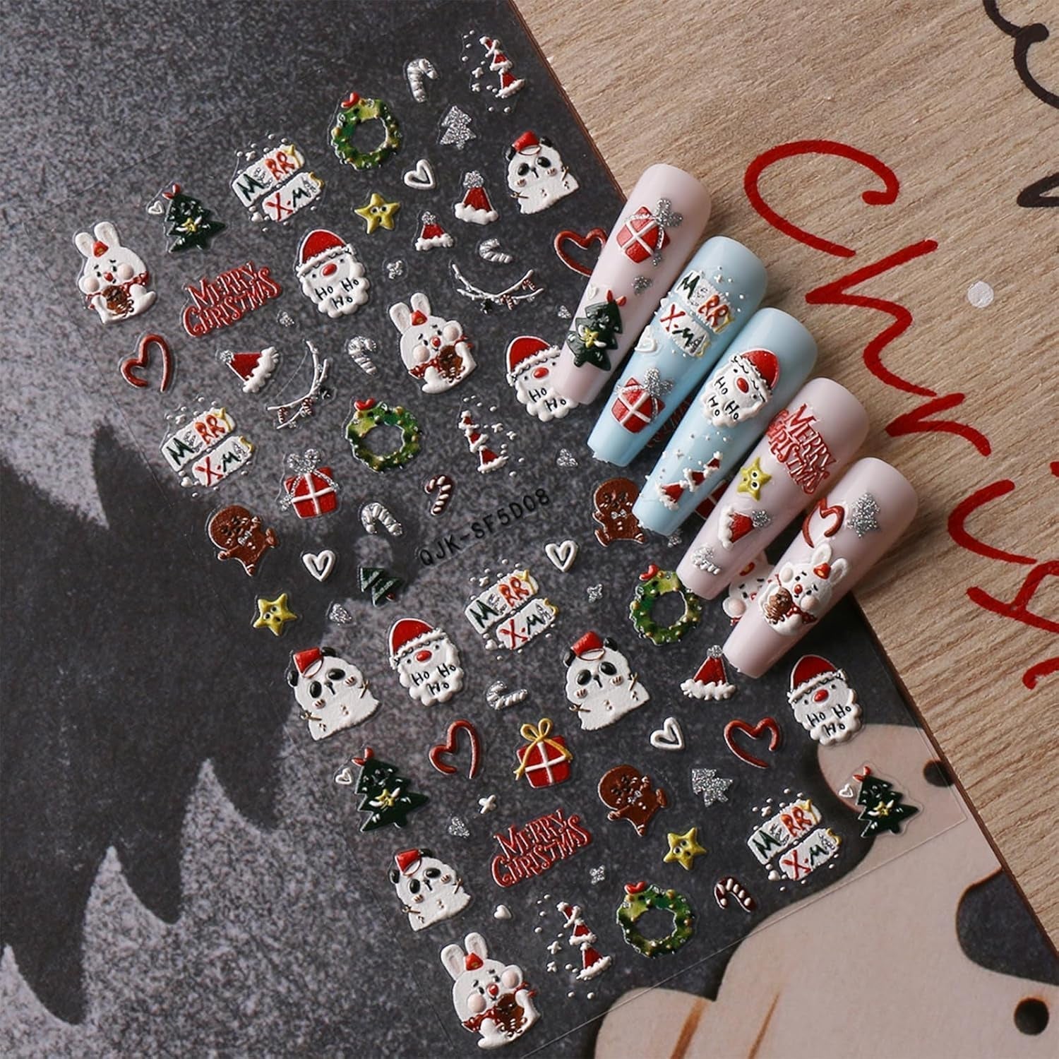 Jul 3D Nagelklistermärken 4 ark 5D Nagelklistermärken Stereoskopiska Nagelklistermärken Dekorationer Nageldesign Tillbehör