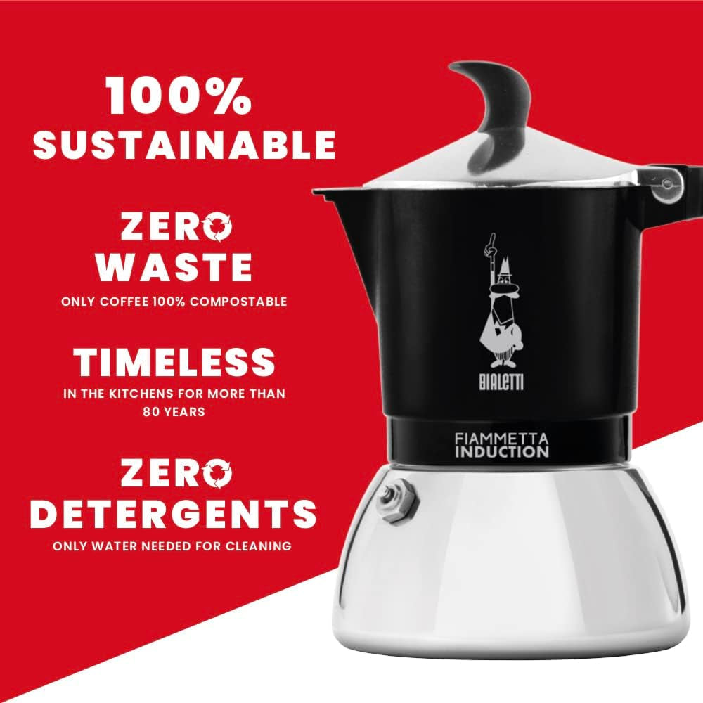 Bialetti Fiammetta induktionskaffemaskin, 2 koppar (100 ml), lämplig för alla typer av hällar, elegant design, svart