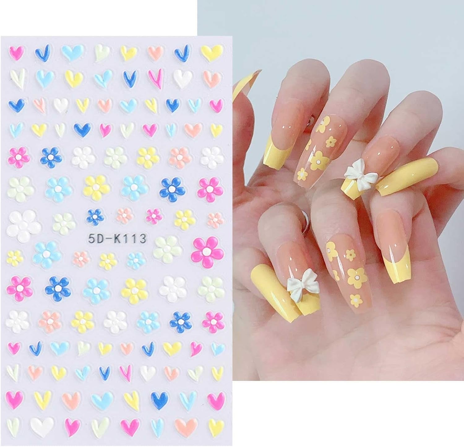 JMEOWIO 3D Nagelsticker Frühling Blumen 5 Blatt Nagelaufkleber 5D Stereoskopisk Selbstklebend Bunte Blüte Nail Art Sticker Dekoration Nageldesign Zubehör