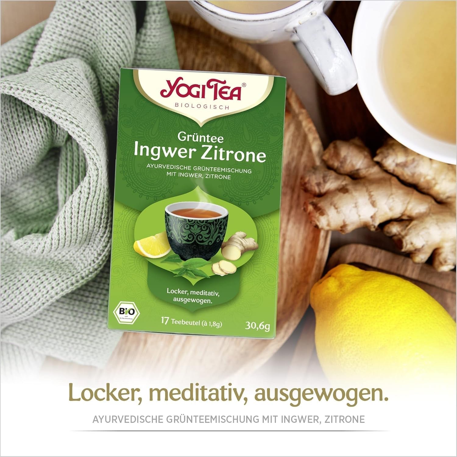 Yogi-te - Grönt te med ingefära och citron, ekologiskt ayurvediskt te med kryddor och örter, blandning av grönt te, ingefära och citron, Yogi-te 3-pack, 3x17 tepåsar (totalt 51 tepåsar), perfekt som present