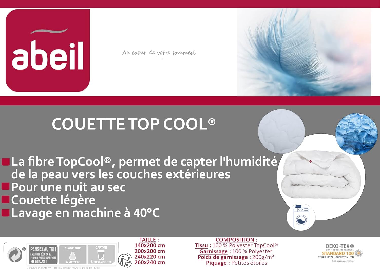 Abeil 1388 Duvet Topcool, tunn, fuktregulator, vit, 240 X 260 Cm Täcken och täcken Naty Shop