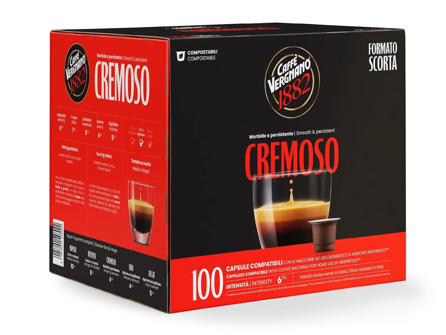 Caffè Vergnano 1882 - Èspresso komposterbar Kaffeekapseln, kompatibel med Nespresso, Cremoso (Creamy) - Packung Enthält 100 Kapseln