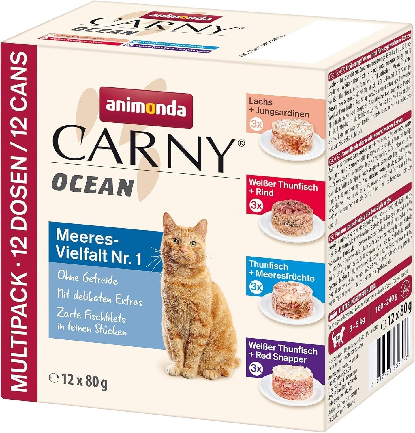 animonda Carny Adult Ocean Marine Variety No. 1 (12 x 80 g), våtfoder för vuxna katter, våtfoder med möra fiskfiléer, spannmålsfri och sockerfri kattmat