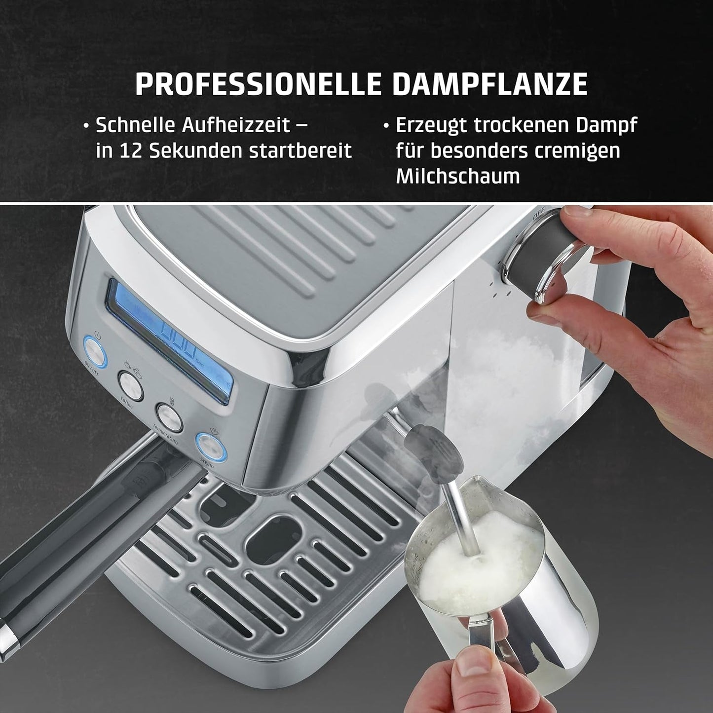 CASO EspressoGourmet Crema - Portafilter espressomaskin med mjölkskummare, espresso, cappuccino, rostfritt stål portafilter, ULKA 20 bar pump, kaffemaskin, malet kaffe, ESE kapslar