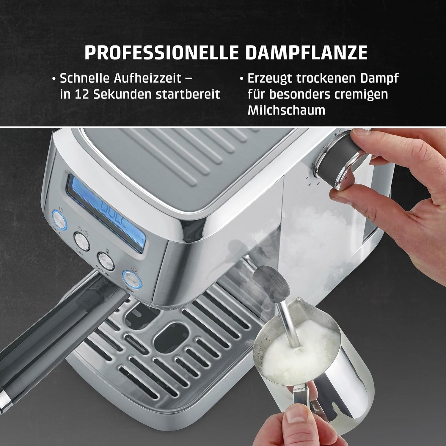 CASO EspressoGourmet Crema - Portafilter espressomaskin med mjölkskummare, espresso, cappuccino, rostfritt stål portafilter, ULKA 20 bar pump, kaffemaskin, malet kaffe, ESE kapslar