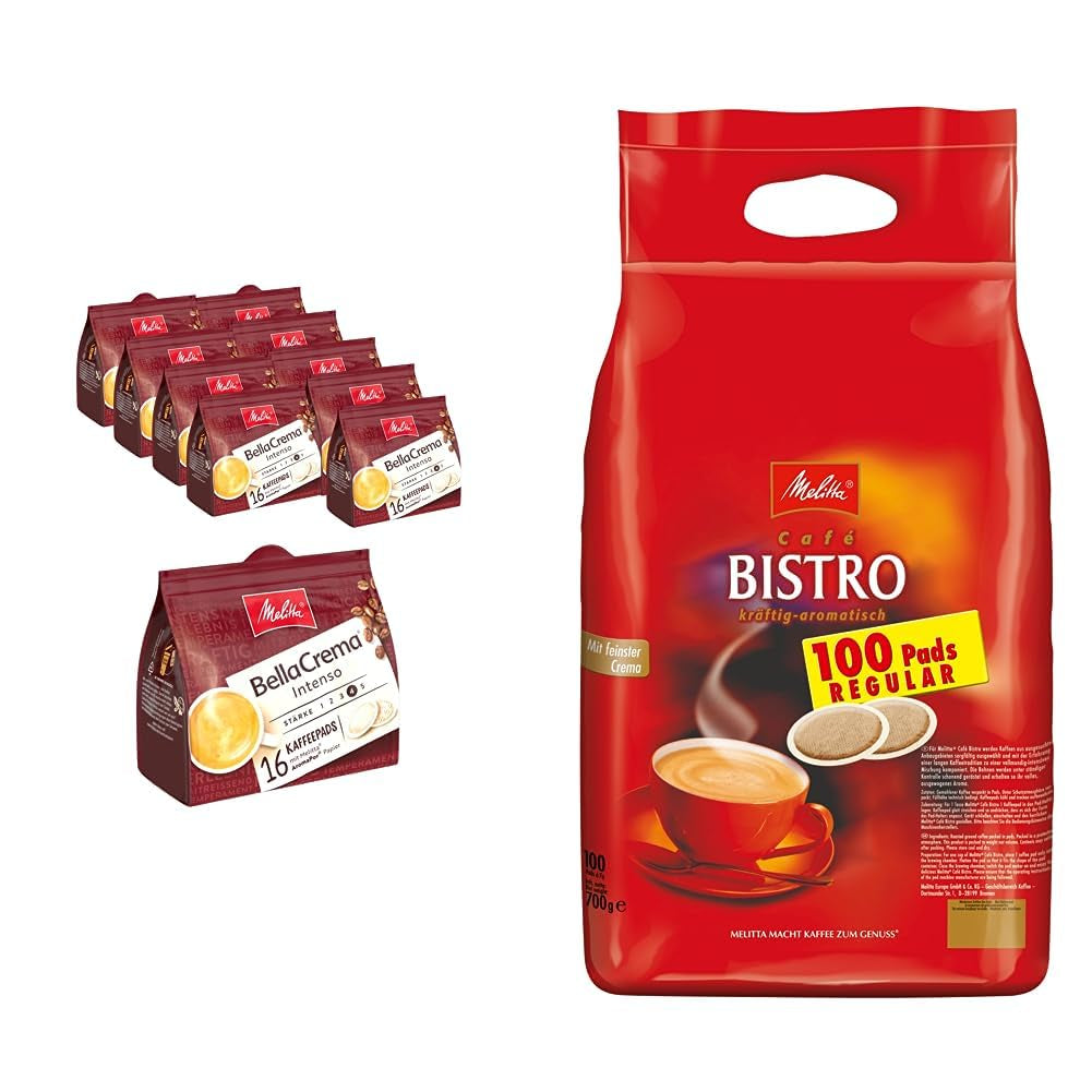 Melitta BellaCrema Intenso gemahlener Röstkaffee i Kaffee-Pads 10 x 16 Pads & Café Bistro Röstkaffee i Kaffee-Pads, 100 Pads