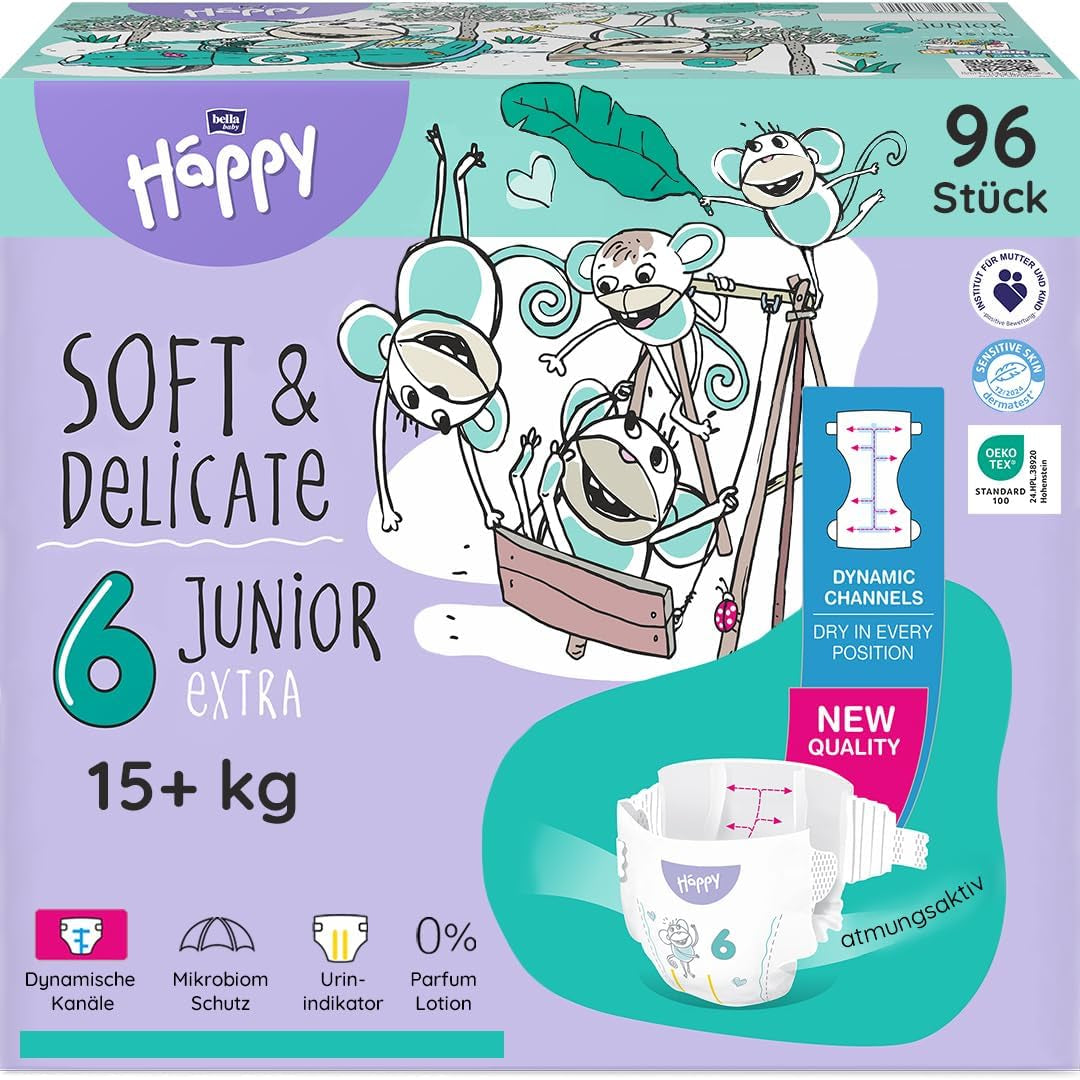Bella Baby Happy Premiumblöjor, storlek 6, Junior Extra, 15+ kg, 96 st, DERMATEST och OEKO-TEX Seal, Babyblöjor för engångsbruk