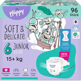 Bella Baby Happy Premiumblöjor, storlek 6, Junior Extra, 15+ kg, 96 st, DERMATEST och OEKO-TEX Seal, Babyblöjor för engångsbruk