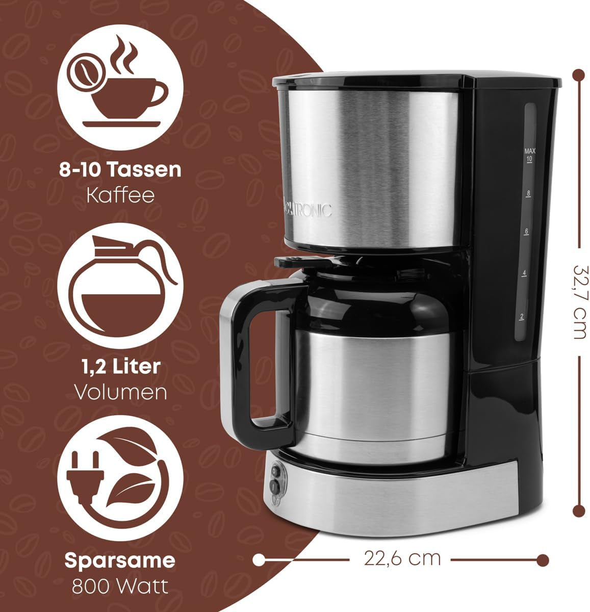 Clatronic® kaffebryggare med termokanna för 8–10 koppar kaffe (ca 1,2 l) | Kaffebryggare med filter i rostfritt stål | Dubbelvägg termokanna | Ingen temperaturförlust | Kaffebryggare 800 W | KA 3805