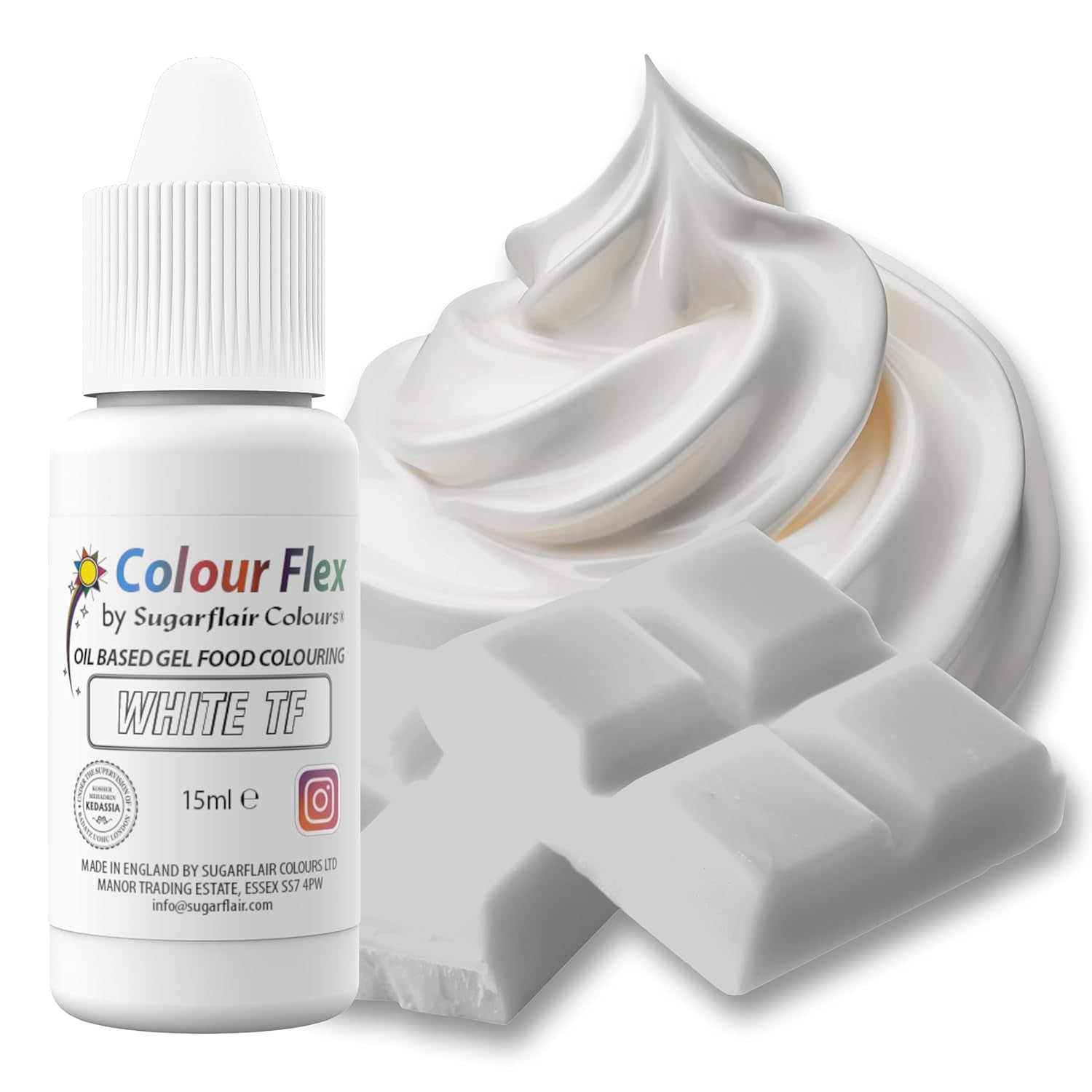 Sugarflair Colourflex vit oljebaserad livsmedelsfärg, högkoncentrerad flytande livsmedelsfärg, matfärg för smörkräm, choklad, deg, fondant, glasyr och mer - 15 ml
