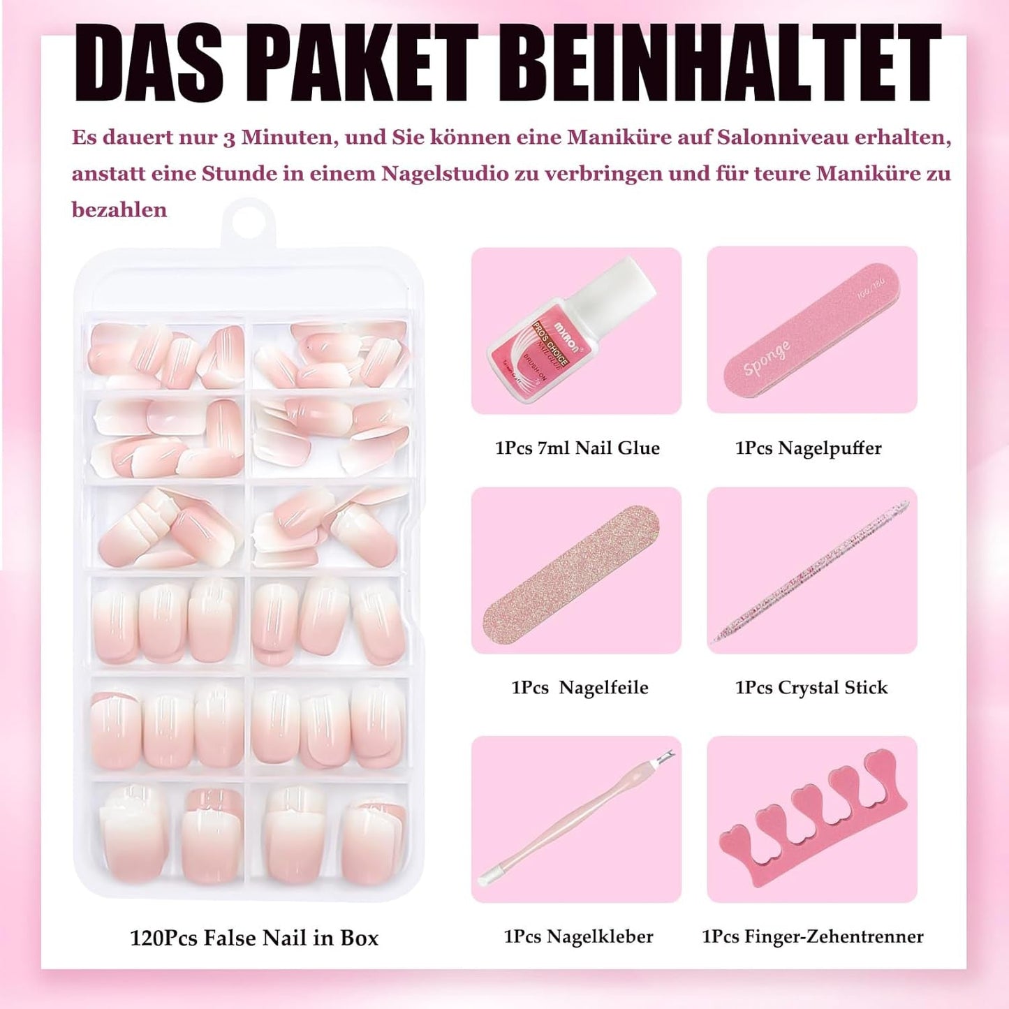 120 st Nakenrosa falska naglar med nagellim - 12 storlekar Kort oval fyrkantig press på naglar - Vackra naglar, limma på konstgjorda naglar - Lämplig för kvinnors DIY-nageldesign (Squaval Pink Gradient)