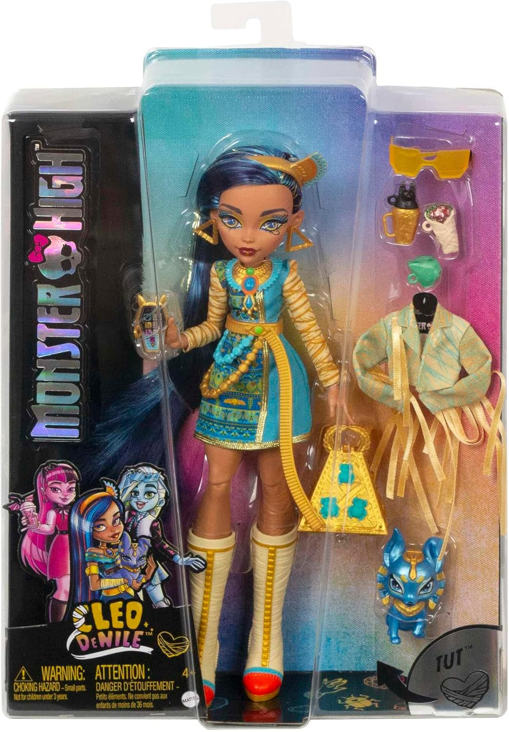 Monster High Cleo de Nile Puppe, Mummie Modepuppe, Königliches Outfit, Killerstiefel, Pyramidenryggsäck, Zubehör, für Kinder ab 4 Jahren, HHK54