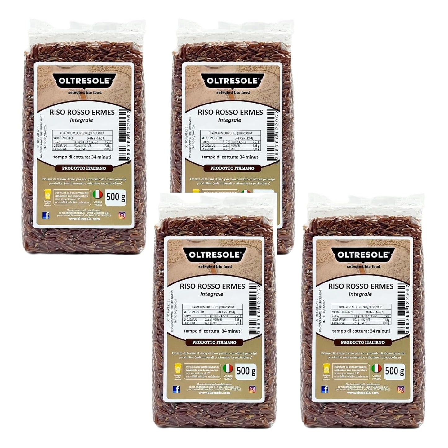 Italienskt fullkornsris, fiberrik oraffinerat ris, perfekt för kreativa rissallader och hälsosamma rätter, vakuumförpackat, 4 förpackningar x 500 g