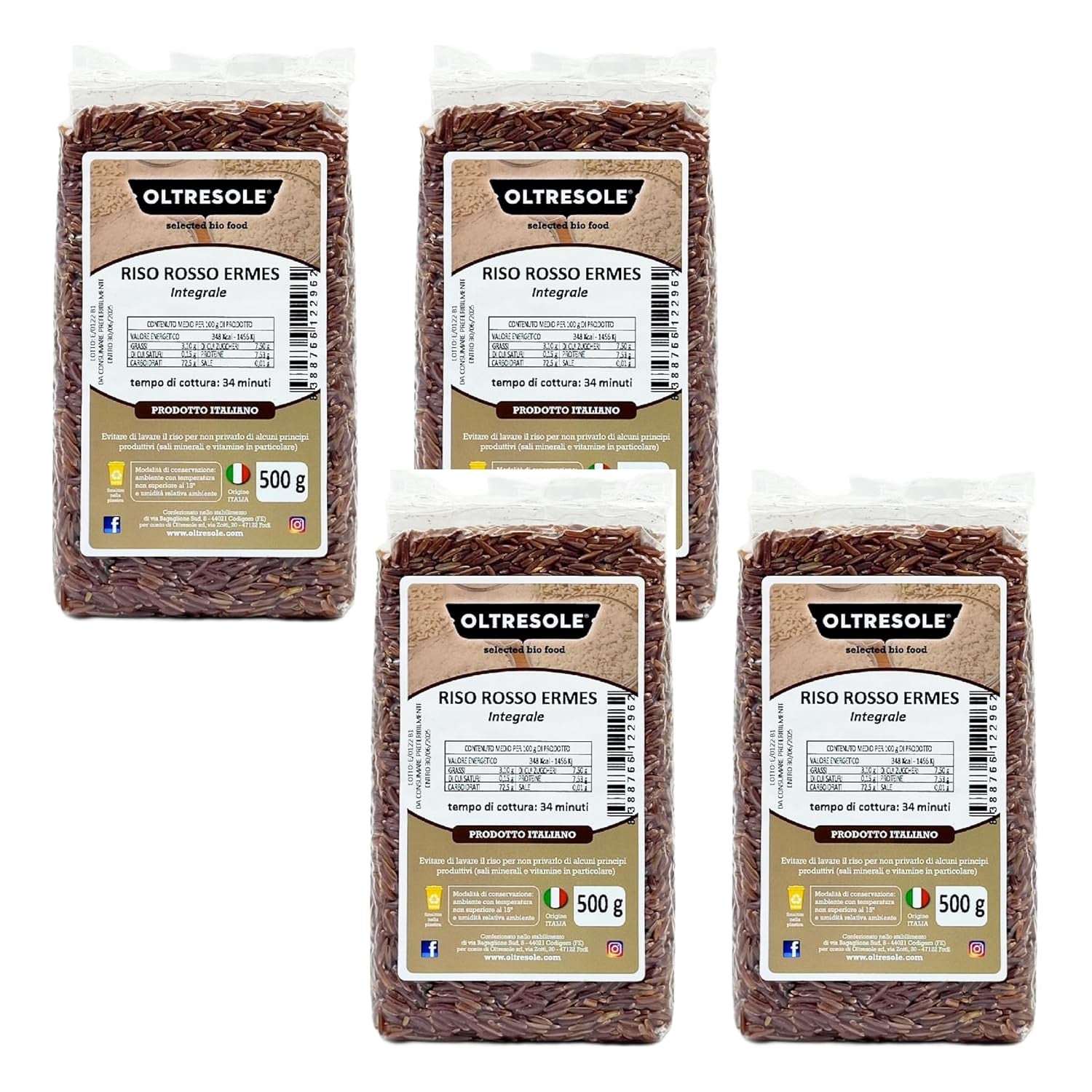 Italienskt fullkornsris, fiberrik oraffinerat ris, perfekt för kreativa rissallader och hälsosamma rätter, vakuumförpackat, 4 förpackningar x 500 g
