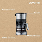 SEVERIN kompakt espressomaskin, aromatiskt kaffe med kaffemaskin för upp till 4 koppar, espressomaskin med filter och permanent oscillerande filter, rostfritt stål/svart, KA 4808