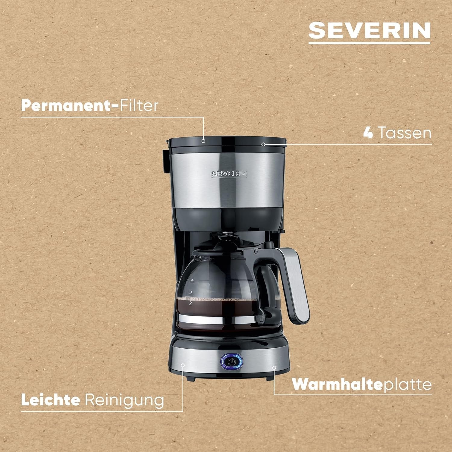 SEVERIN kompakt espressomaskin, aromatiskt kaffe med kaffemaskin för upp till 4 koppar, espressomaskin med filter och permanent oscillerande filter, rostfritt stål/svart, KA 4808