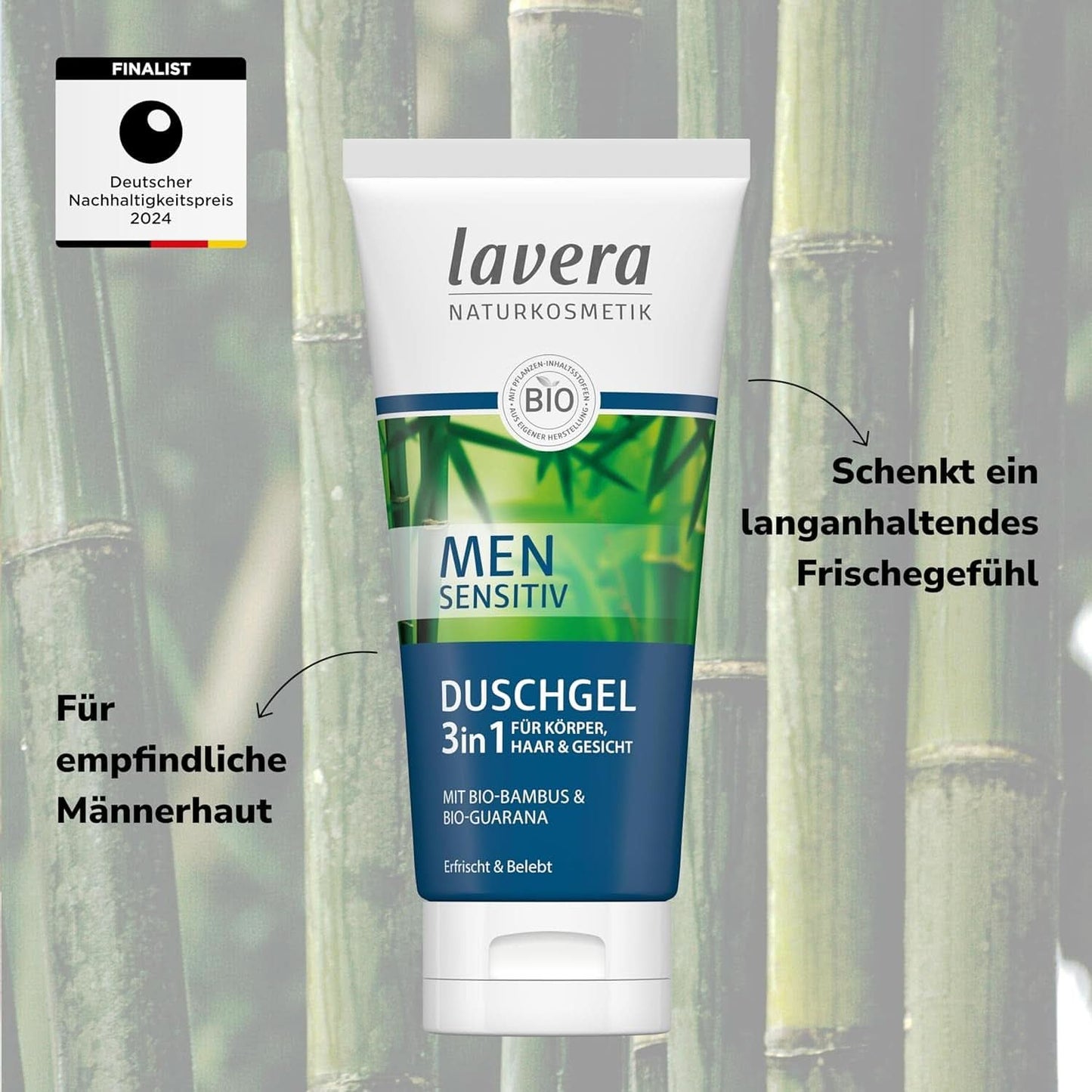 Lavera, Duschgel med ekologisk bambu och guarana, 3 i 1, för hud, hår och ansikte, 200 ml dusch och bad Naty Shop