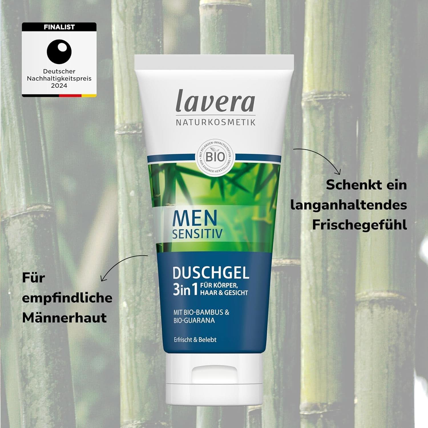 Lavera, Duschgel med ekologisk bambu och guarana, 3 i 1, för hud, hår och ansikte, 200 ml dusch och bad Naty Shop