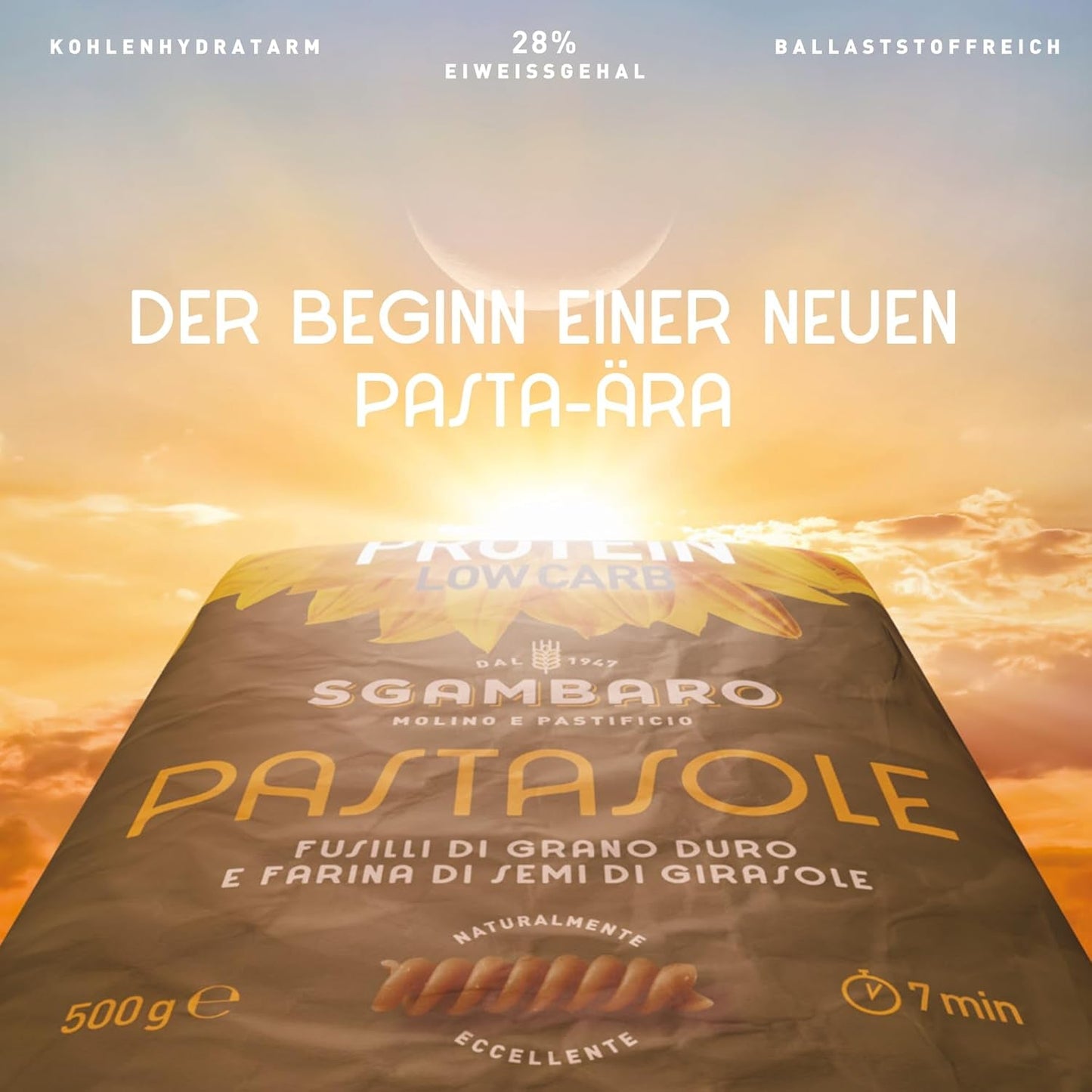 PASTASOLE , Penne Rigate mit Hartweizengrieß aus 100% italienischem Anbau und Sonnenblumenkernmehl - 500g - High Protein, Low Carb, Hoher Ballaststoffgehalt