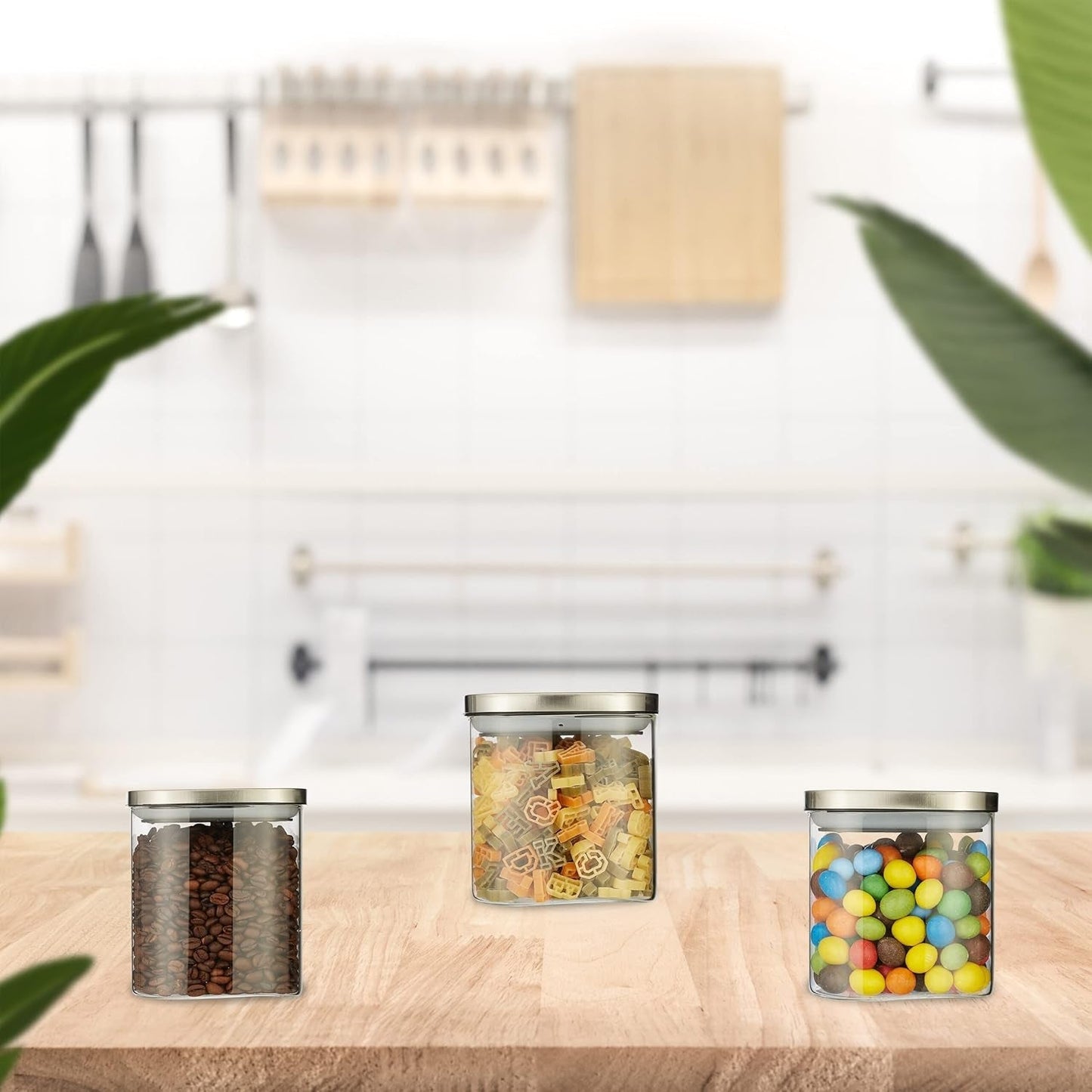 Relaxdays förvaringsburkar med lock Set med 3 600 ml fyrkantiga förvaringsburkar Läckagesäkra glasbehållare Klara/silver Matförvaringslådor Naty Shop